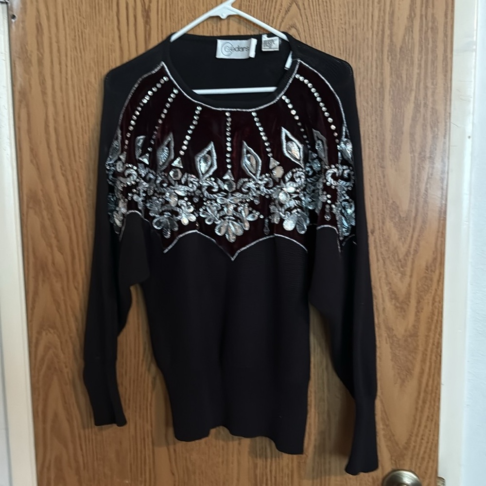 Vtg 80s 90s Cedars Formal Embellished Sweater Beads Sequins Velvet Embroidery M